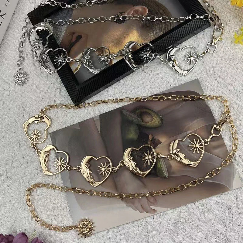 Harajuku Punk Moon Metal Belts Women Vintage Punk Gothic Moon Sun High Waist Chain Belts Pendant Belts Female