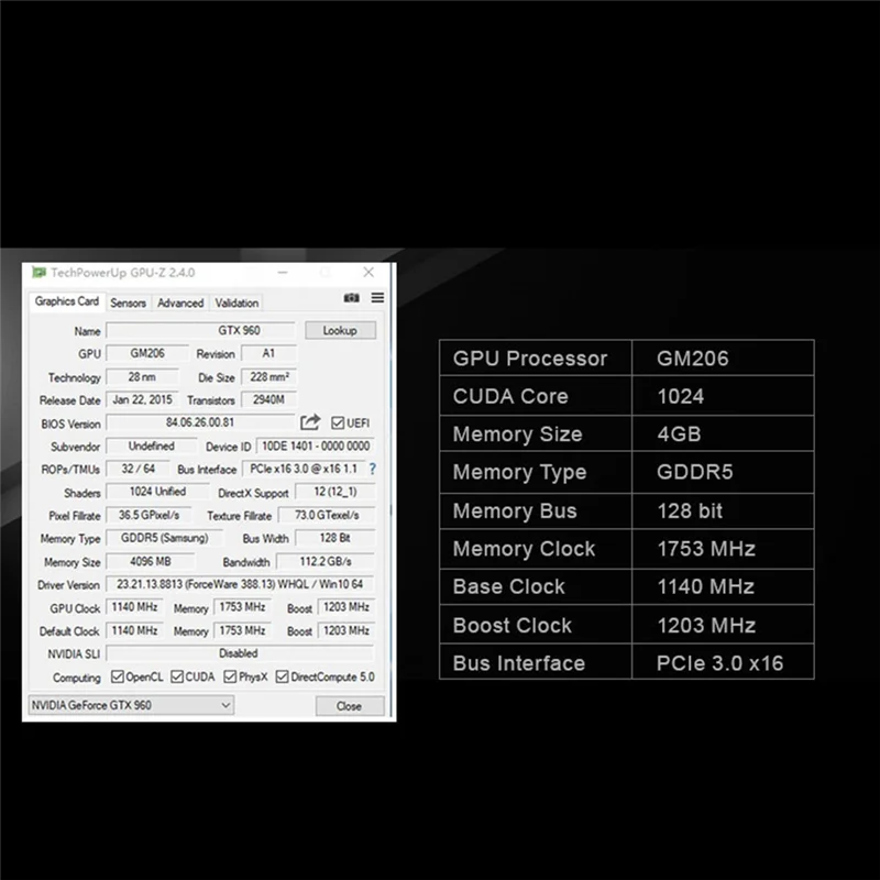 بطاقة رسومات L69A Geforce GTX960 4GB GDDR5 28Nm 1140MHz 1753MHz 128 Bit 6 Pin PCI-E 3.0 16X 4096X2160 DVI + HD + DP بطاقة فيديو #1