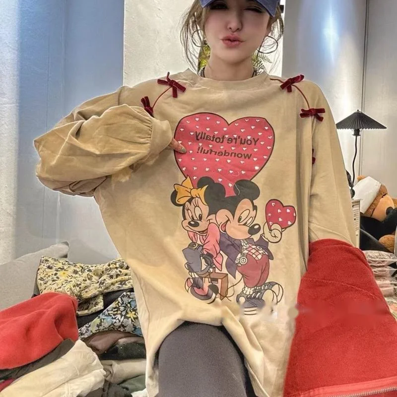 

Disney Mickey Minnie Bow Spring And Autumn New Long Sleeved T-shirt Cute Cartoon Printed Loose Casual Top Fashion Versatile Tees