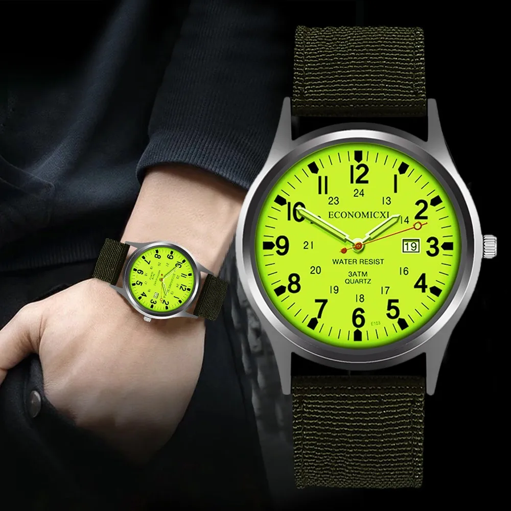 Fashion Military Sport Watch Men Green Watches Nylon Strap Auto Date Quartz Wristwatches Men Luminous Hands Reloj Hombre