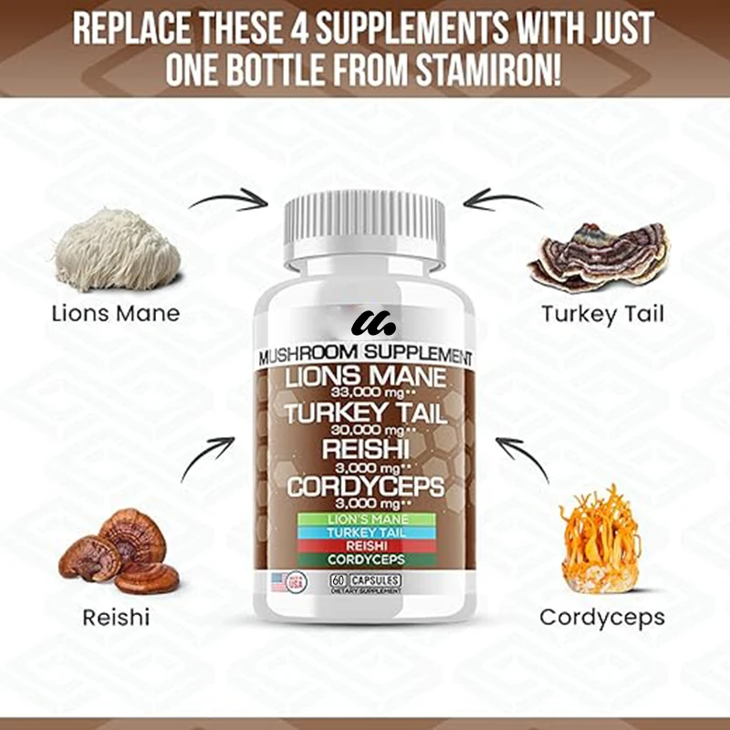 Lion Mane Supplement Turkey Tail Mushroom Capsules with Cordyceps Extract and Lingzhi Mushroom - Mushroom Gummies