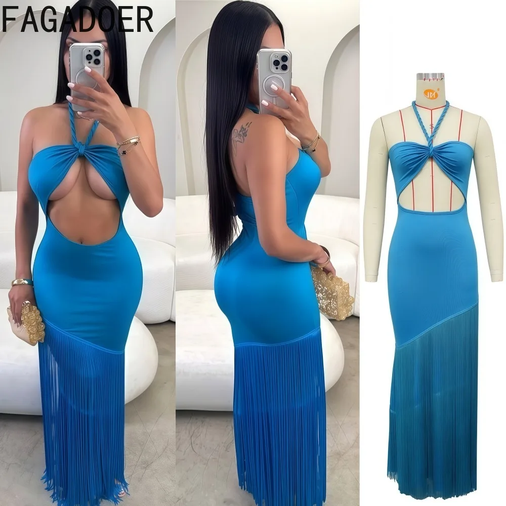 

FAGADOER Sexy Tassel Hollow-out Patchwork Bodycon Long Dresses Women Halter Backless Dress Female Streetwear Vestidos 2025 New