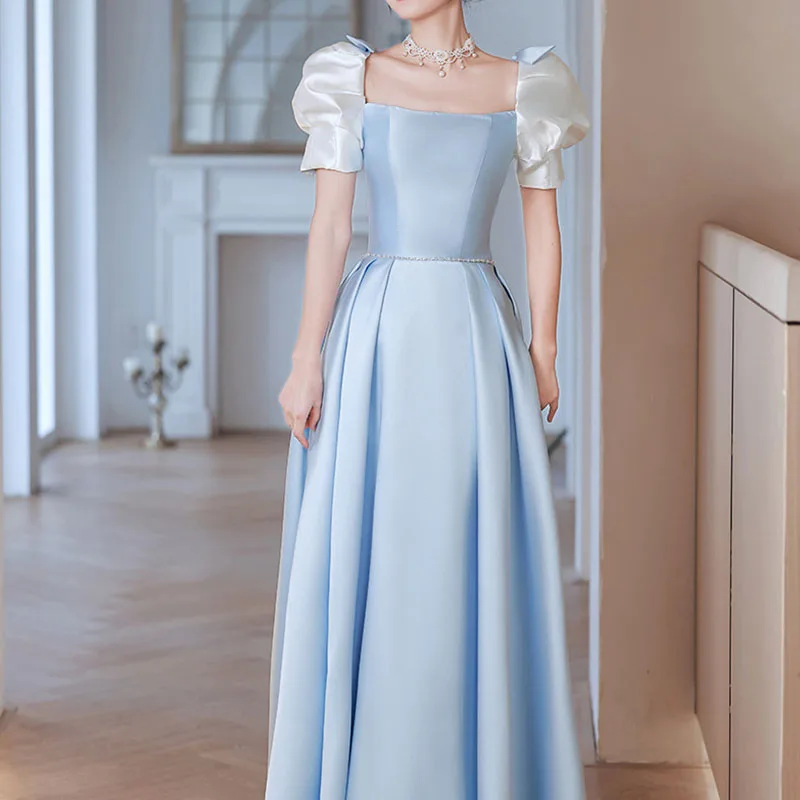 GIYSILE Blue Luxury Evening Dress with Bow Decoration on The Back, Coming-of-age Ceremony Banquet Birthday Party Formal Dress