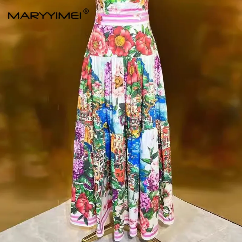 MARYYIMEI Elegant Vacation Floral Women\'s Summer Fashion Print Design Slim Cotton Pleated Skirt