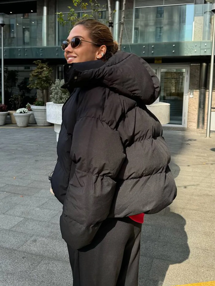 Siren Chic Hooded Cotton Parkas Jacket Lapel Full Sleeve Zipper Up Warm Loose Short Coats Lady Winter Casual Street Outwear