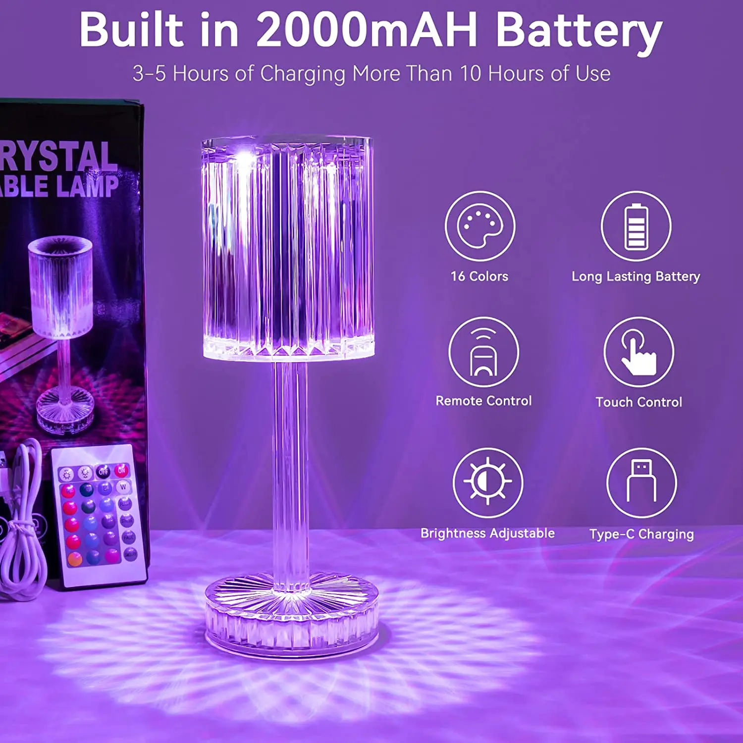 16 Color Changing Diamond Night Light Touch Remote Control Crystal Table Desk Lamp Rechargeable Bedside Lamp For Party Dinner