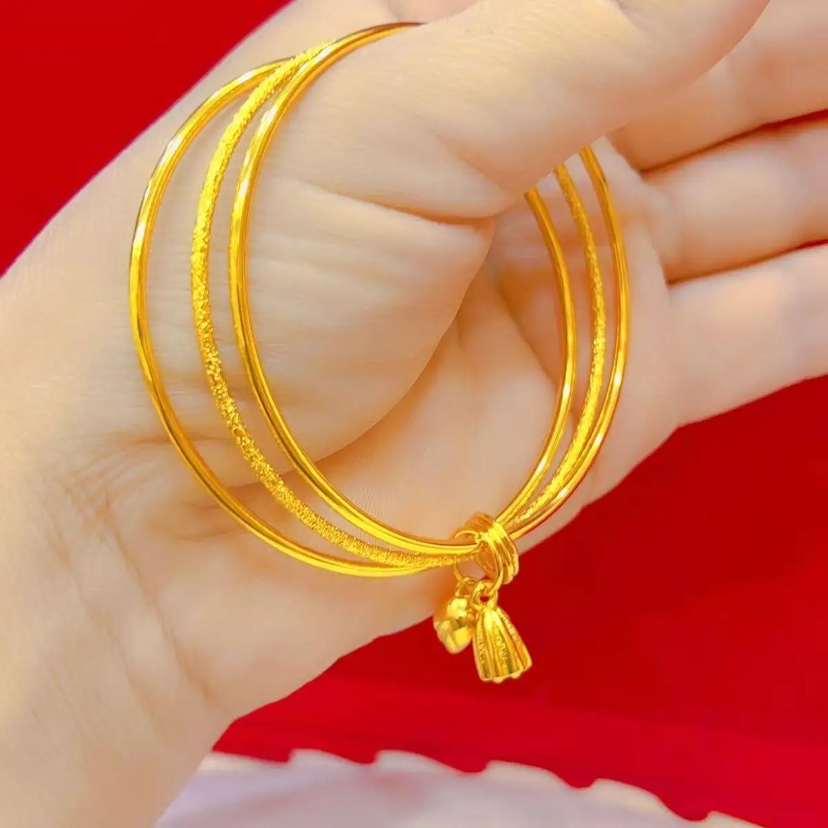 24k Real Gold Plated Traditional Chinese Style Two Lives Joy Three Layer Bangle Lucky Blessing Wealth Attracting Ancient Handcra