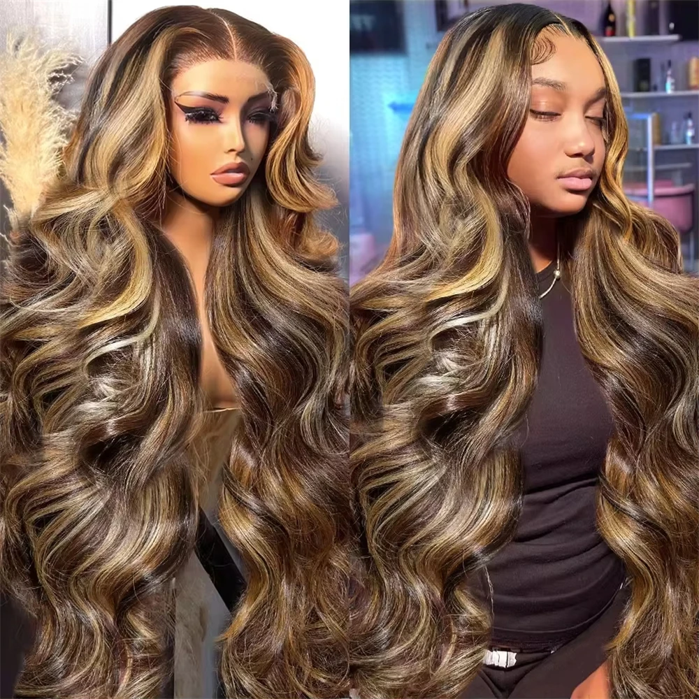 

30 Inch Human Hair Highlight Colored Body Wave Wavy Lace Frontal Human Hair Wig 200 Density 4/27 Ombre Lace Front Wigs For Women