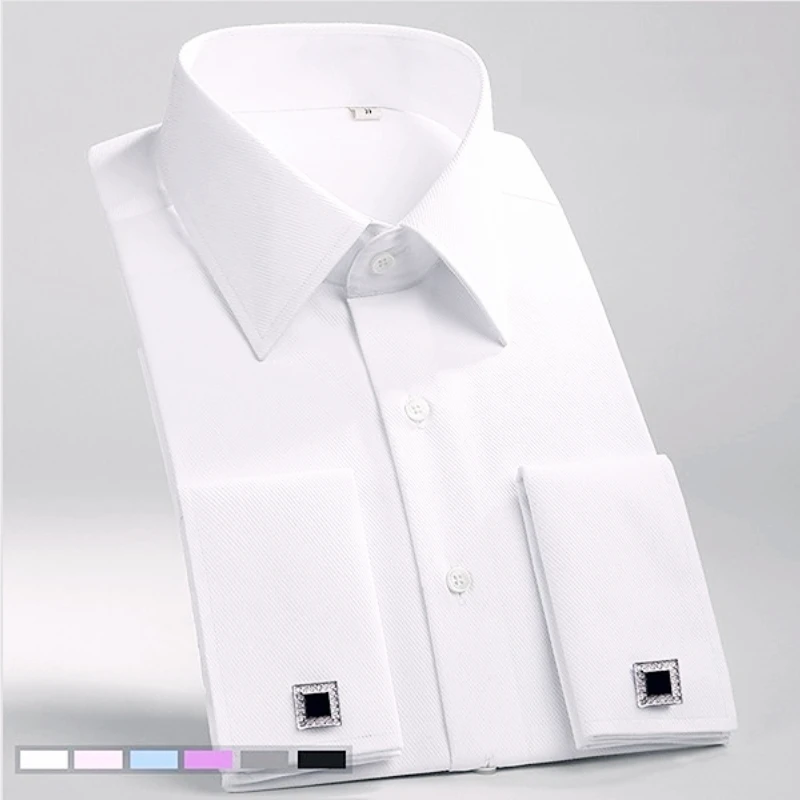 M~6XL Men's French Cuff Dress Shirt 2023 New White Long Sleeve Formal Business Buttons Male Shirts Regular Fit Cufflinks Shirt