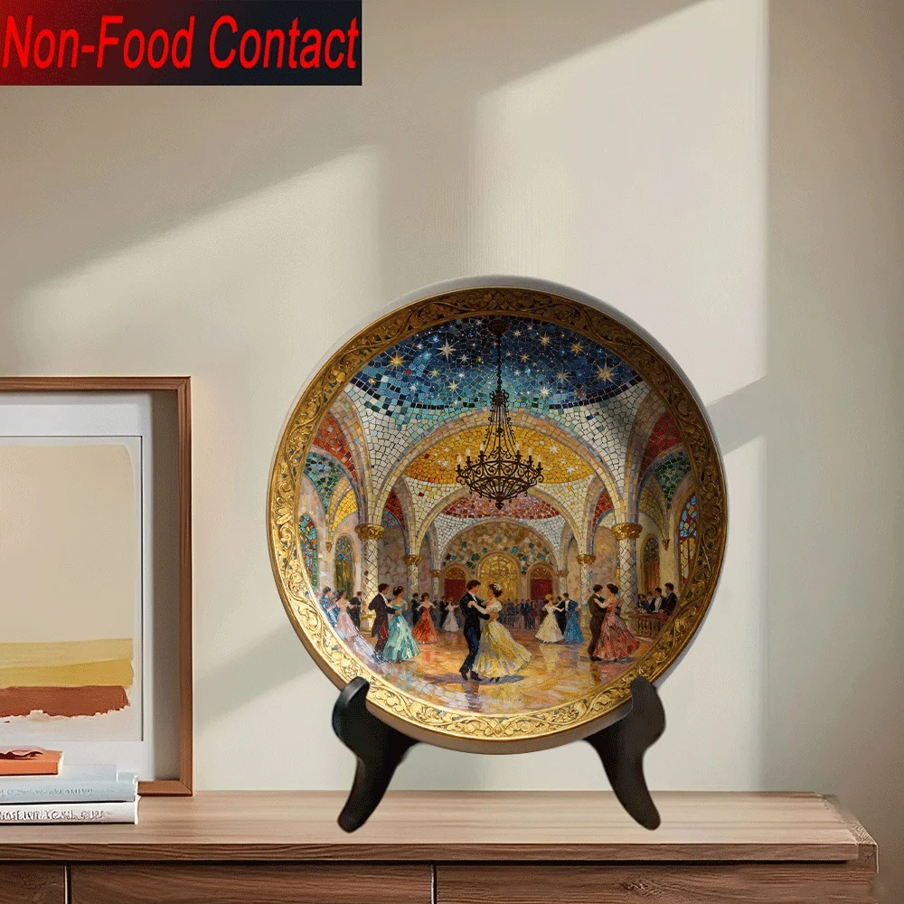 1pc Elegant Ballroom Dance Ceramic Decorative Plate - Ornate European -Inspired Round Wall/Table Centerpiece with Golden Accent