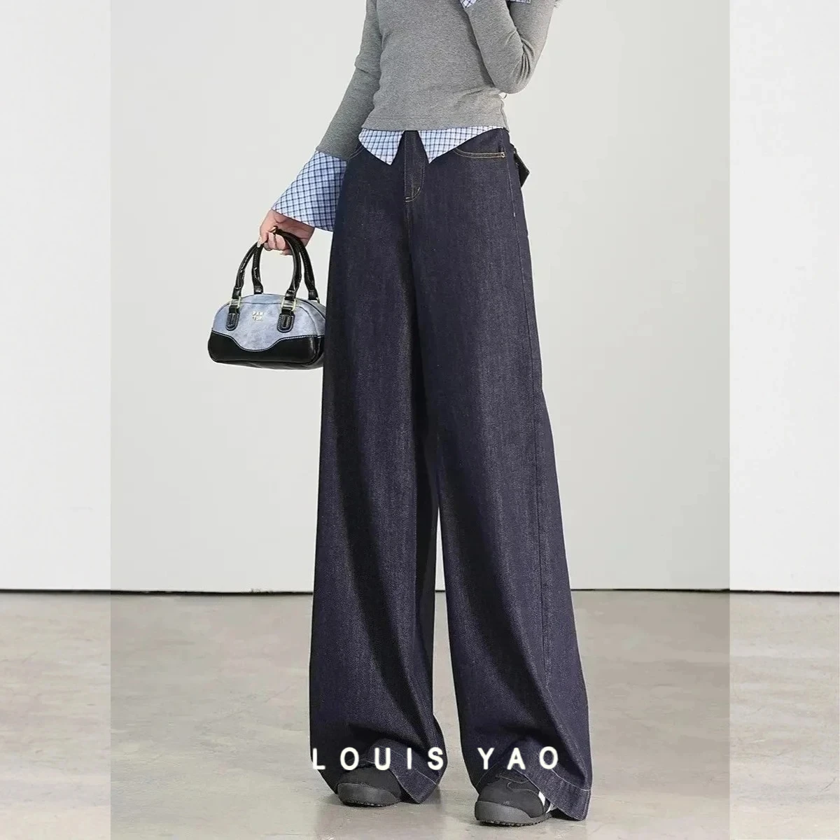 

Contrasting Color Line Women's Jeans 2025 Spring Casual High Waist Denim Pants Chic Street No Stretch Long Women's Wide Pants