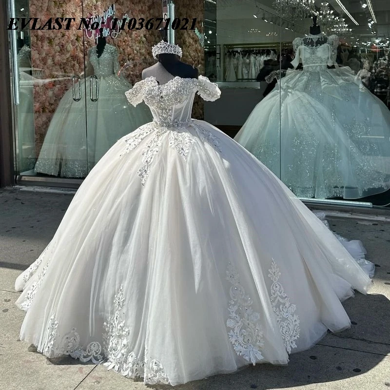 EVLAST Customized White Quinceanera Dress Ball Gown Applique Beading Crystals Corset Sweet 16 Vestidos De XV 15 Anos SQ101