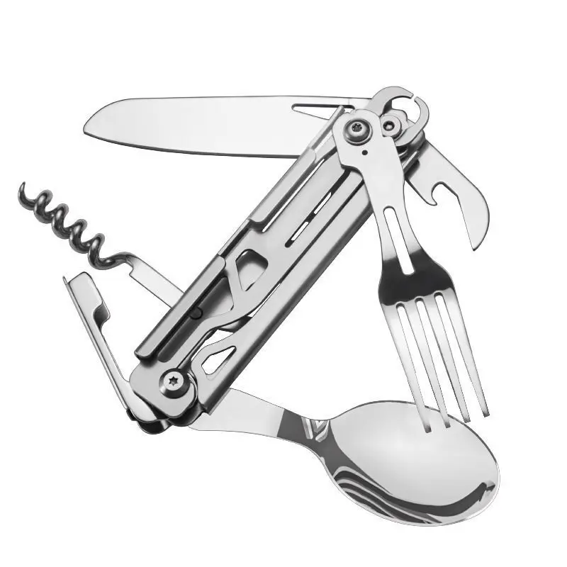 Stainless  Multifunctional Camping Cutlery Foldable Spoon Fork Knife Bottle Opener Corkscrew Portable Outdoor Picnic Tableware