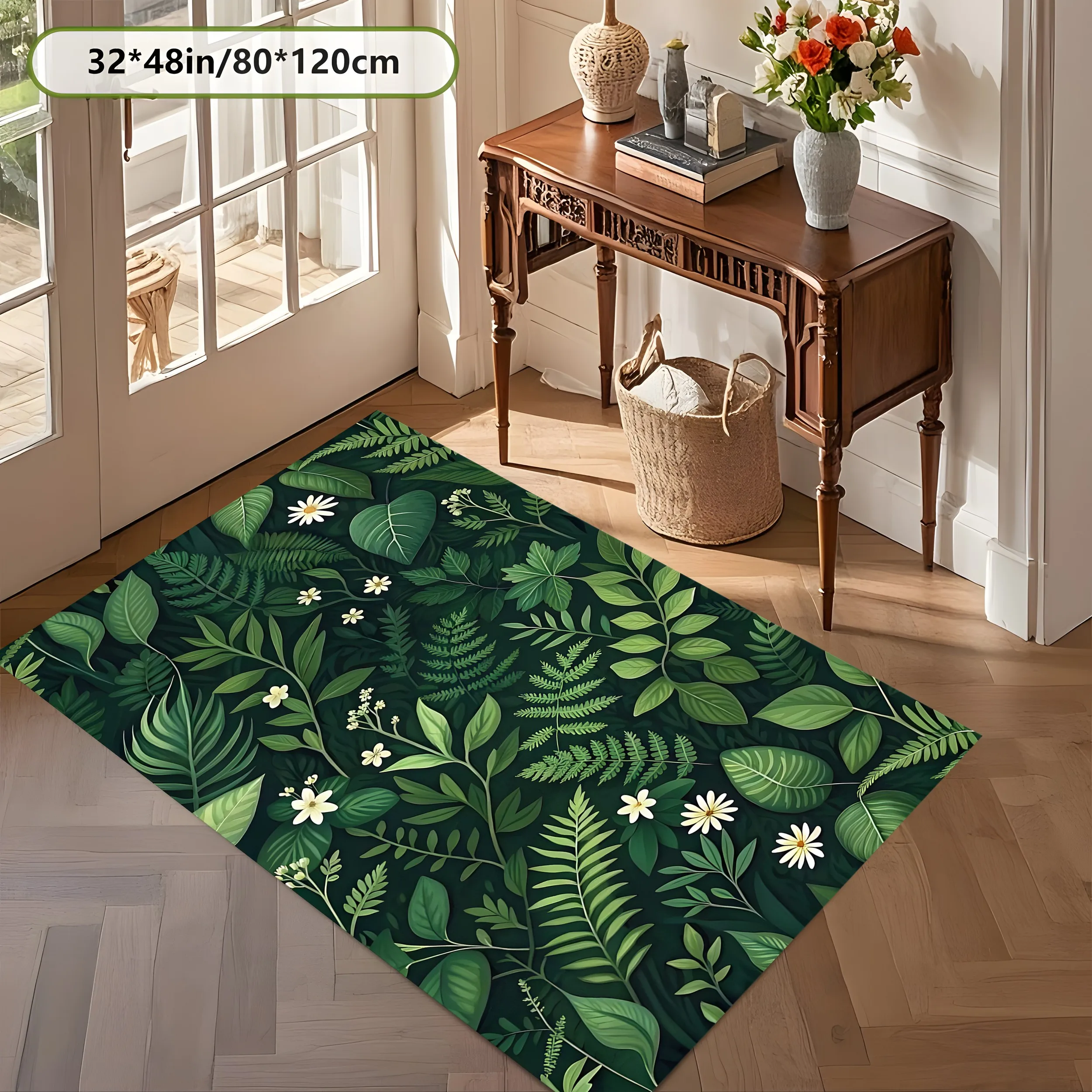 2D Large Carpet Green Plant White Flower All over Forest Style for Living Room Bedroom