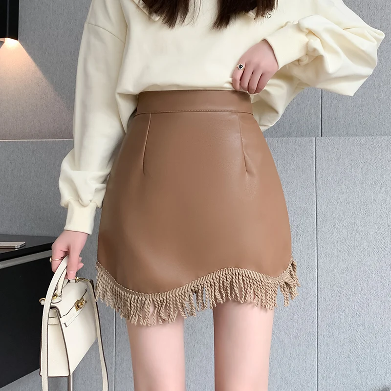 

Women's Clothing 2023 Autumn Winter Versatile High Waist A-line Slim Stitch Tassel Design Hip Wrap PU Leather Skirt