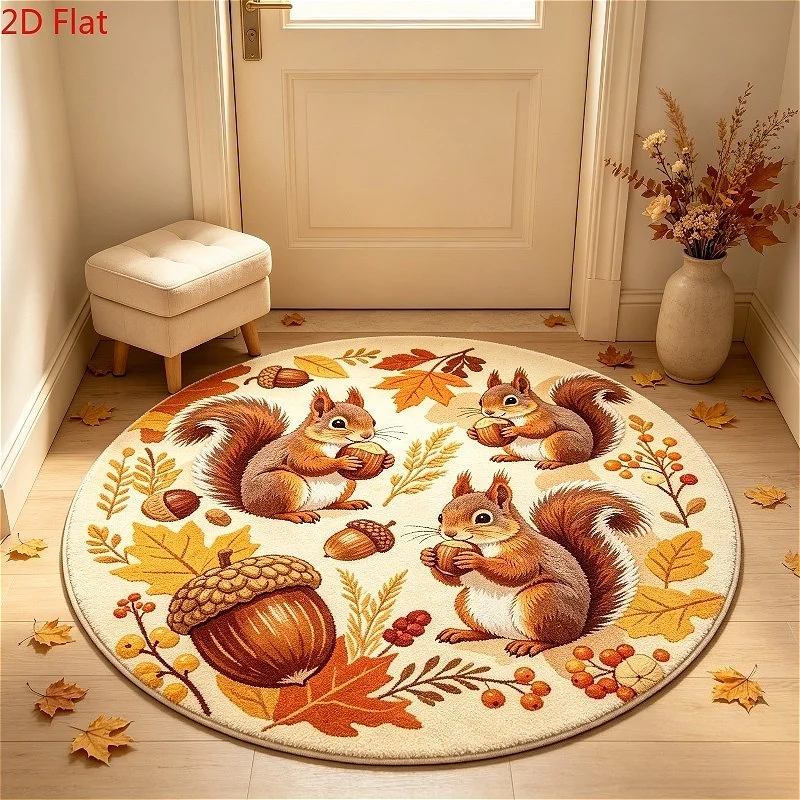 Squirrel Acorn Maple Leaf Round Floor Mat, Warm Autumn Harvest Decorative Carpet for Entryway Indoor Home