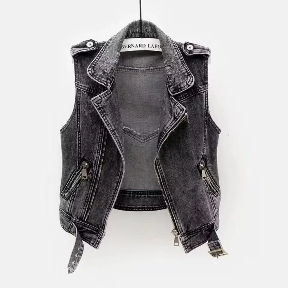 

5XL New Denim Women Vest 2023 Fashion Tailored Collar Autumn Jeans Jacket Sleeveless Loose Short Coat Streetwear Zip Denim Vest