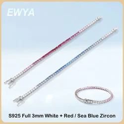 EWYA 2024 Original Full 3mm Red Zircon Tennis Bracelet for Women S925 Silver Sea Blue High Carbon Gemstone Link Bracelets Gift