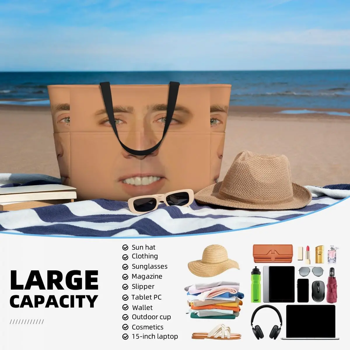Nicolas Cage Bolsa tote de praia de rosto inteiro, esporte, academia, ioga, duffle, sacola grande, feminina, bolsa de viagem, fitness
