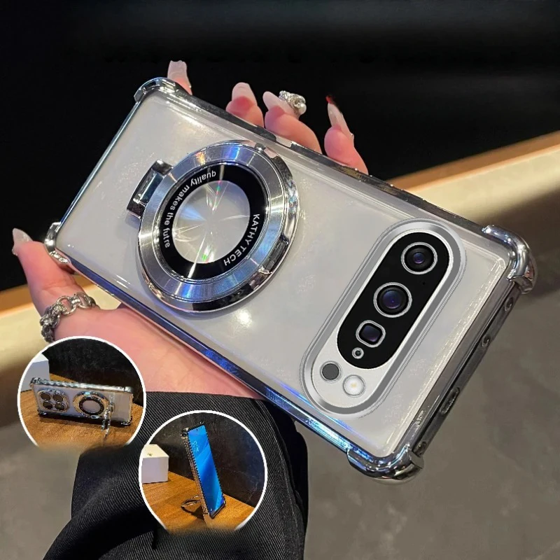 

For Pixel9A Case Luxury Plating Stand Shockproof Clear Case For Google Pixel9 9Pro 9ProXl Cover