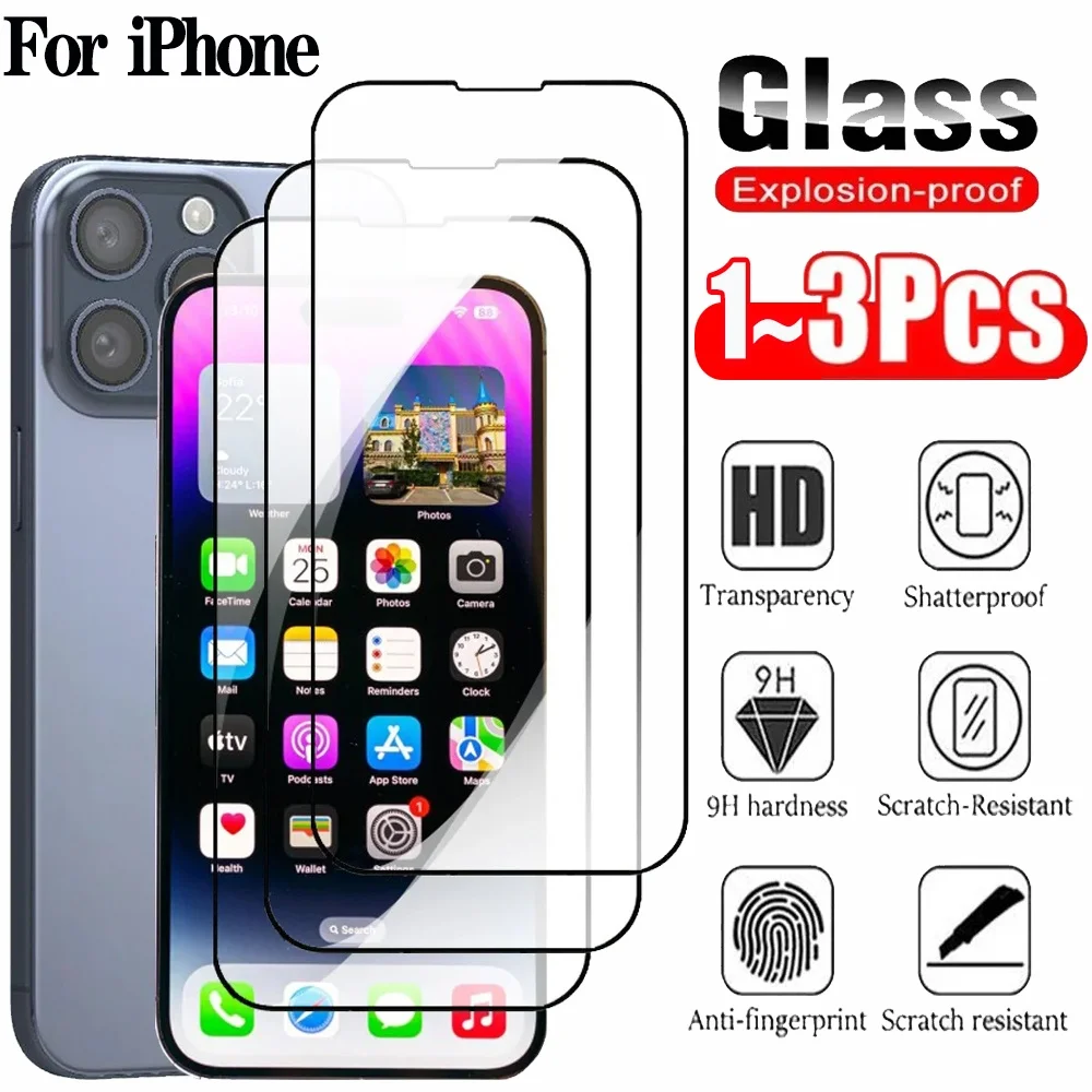 

1~3pcs Protective Glass For iPhone 17 16 15 Pro Max Screen Protectors iPhone 14 13 12 11 Pro Max Tempered Glass iPhone 17 Pro Max Pelicula Cristal Templado iPhone 17 ProMax Anti-Scratch Phone Front Film