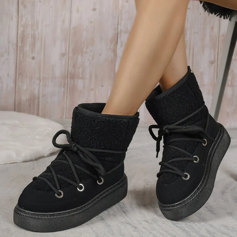 Cold-proof and Warm Lace-up Design Short Boots 2024 Winter New Fashion Women's Thick-soled Waterproof and Non-slip Fashion Boots