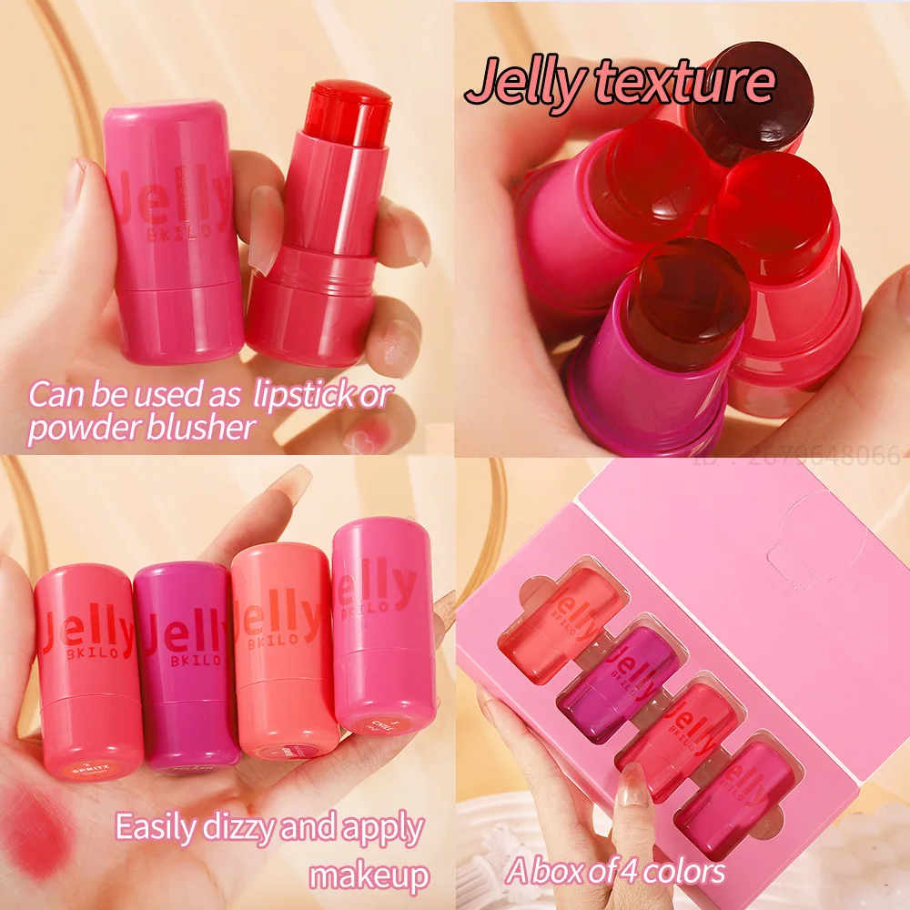 HOT! 4Pcs/set Jelly Powder Blusher Set Lip and Cheek Dual-use Transparent Lip Gloss Rouge Cream Powder Blusher Stick Makeup
