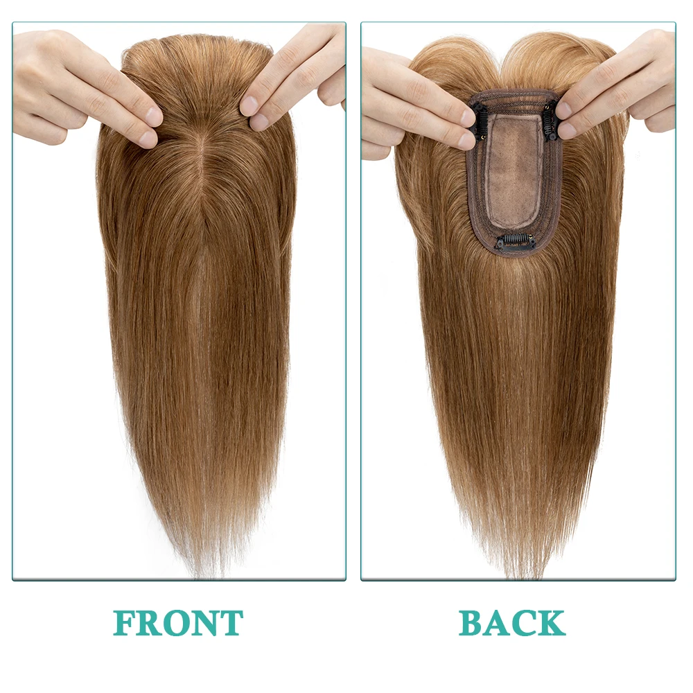 SEGO 7x13CM Echthaar-Topper mit Pony für Frauen, Seidenbasis, natürliche Haarteile, Perücken für Haarausfall, Volumenabdeckung, graues Haar – Detail 8