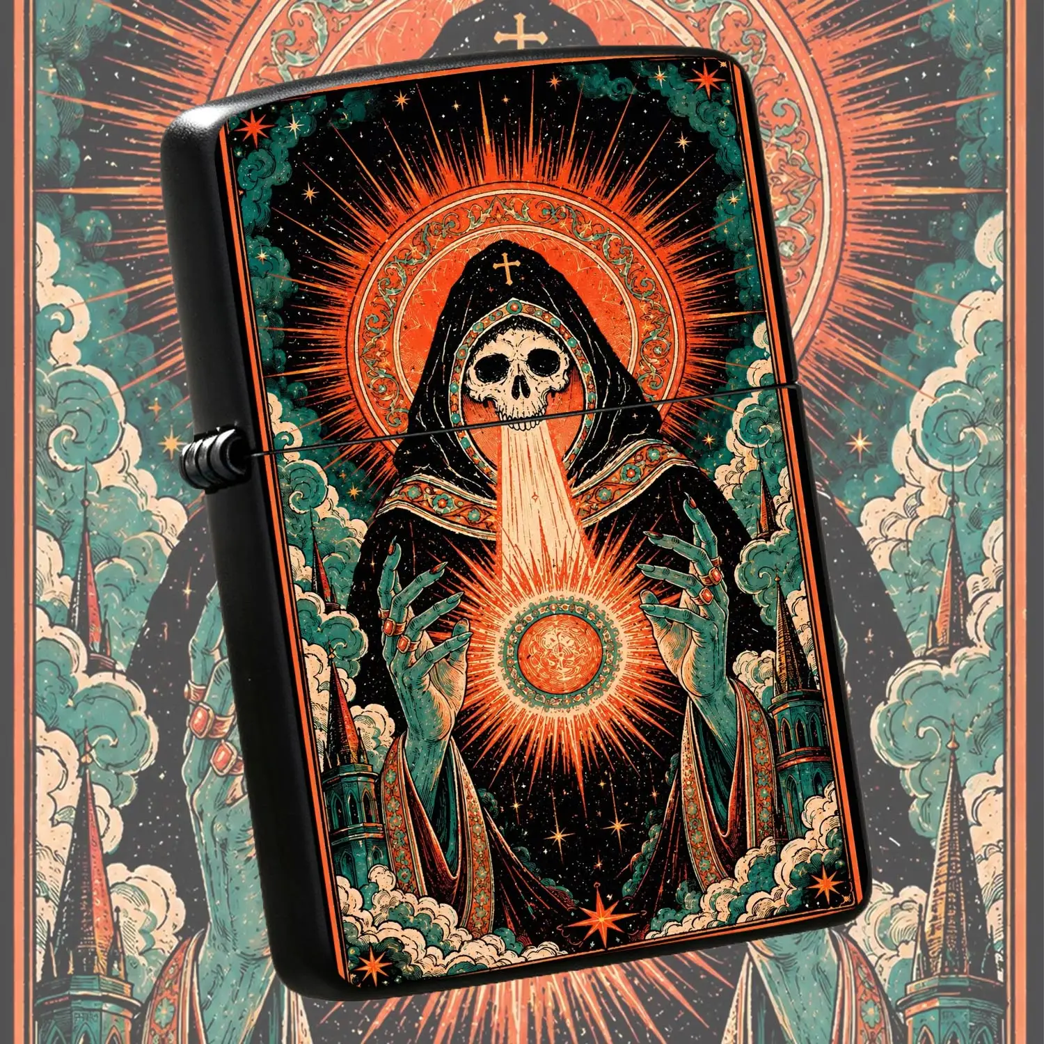 Vintage Tarot Style Skeleton Saint Themed Lighter, Artistic Dark Aesthetic Portable Igniter, Ideal For Camping Rituals Daily Use, Unique Creative Collectible Gift For Gothic Art Lovers, Multi-Scene Cool Accessory A Humorous And Interesting