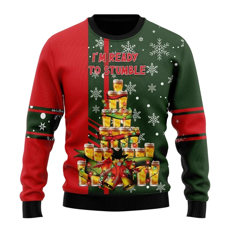 3D-geprint grappig kerstman sweatshirt voor mannen Kerst bierpatroon truien casual ronde hals lange mouw unisex hoodies