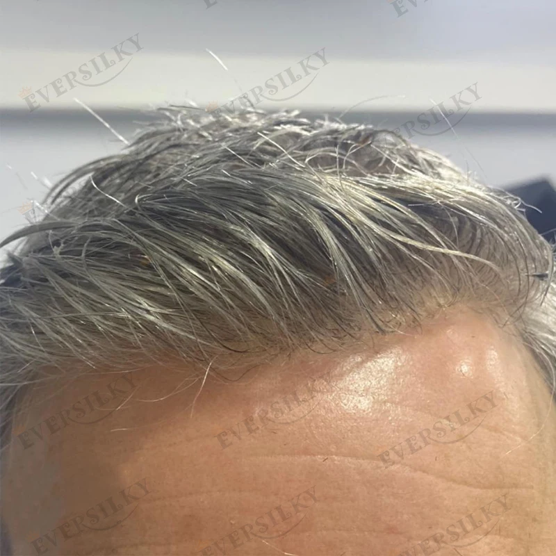 #1B80 Grey Remy Human Hair Man's Wigs Super Durable Transparent 0.1mm PU Base Men Toupee Natural Hairline Man Hair Prosthesis