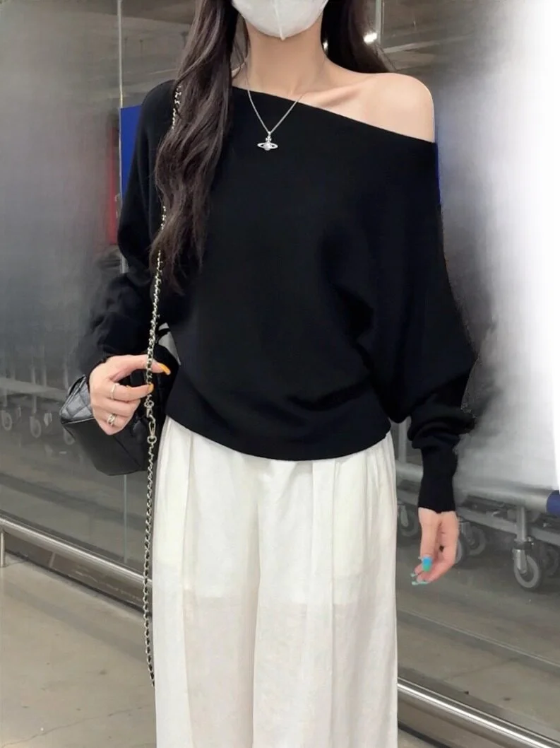 Laid-back Style Loose Fit Knitted Sweater One-Shoulder Lantern Sleeve Casual Versatile Slimming Effect Pure Color T-Shirt for...
