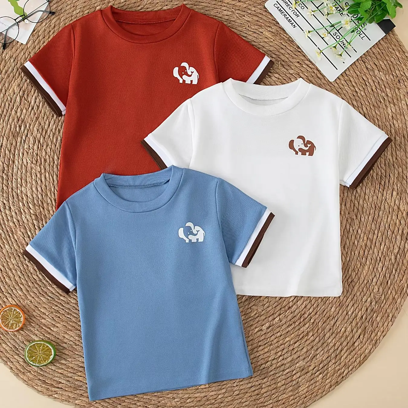 1/3 Piece Children's Summer Cuff Contrasting Fashionable Short-Sleeved Casual Versatile Round Neck T-Shirt for Boys and Girls