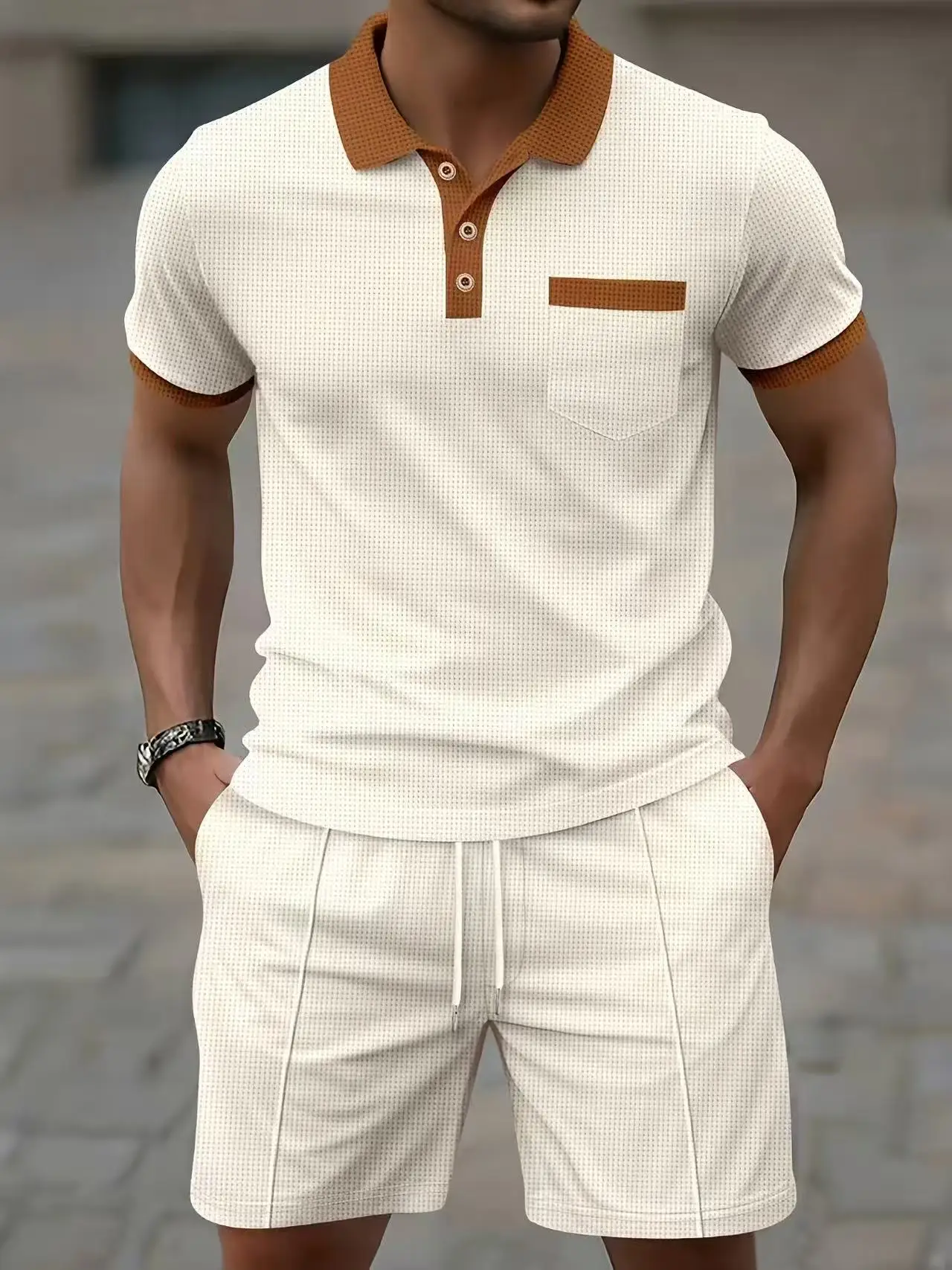 Bestselling men's summer short-sleeved shirt T-shirt polo shorts set fashionable breathable casual sporty European size clothing view 4