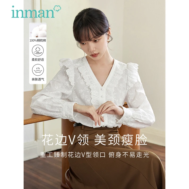 INMAN Women Blouse 2023 Autumn Long Sleeve Lace V Neck Loose Shirt Hollow Vine Embroidery French White Pink Yellow Tops