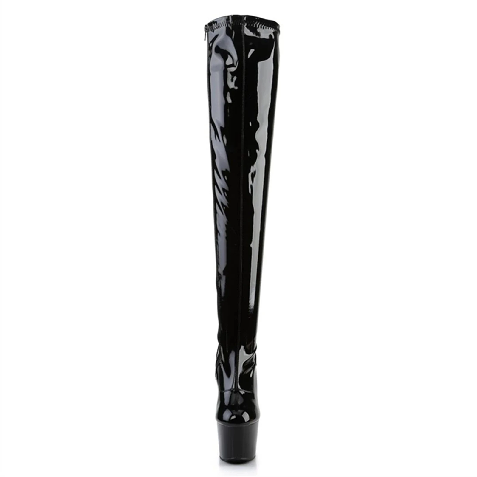 17CM GLOSSY BLACK Over Knee Boots - SHINY Patent Leather Stiletto with Thick Platform Sole (Fashion Clubwear, High Shine Finish)