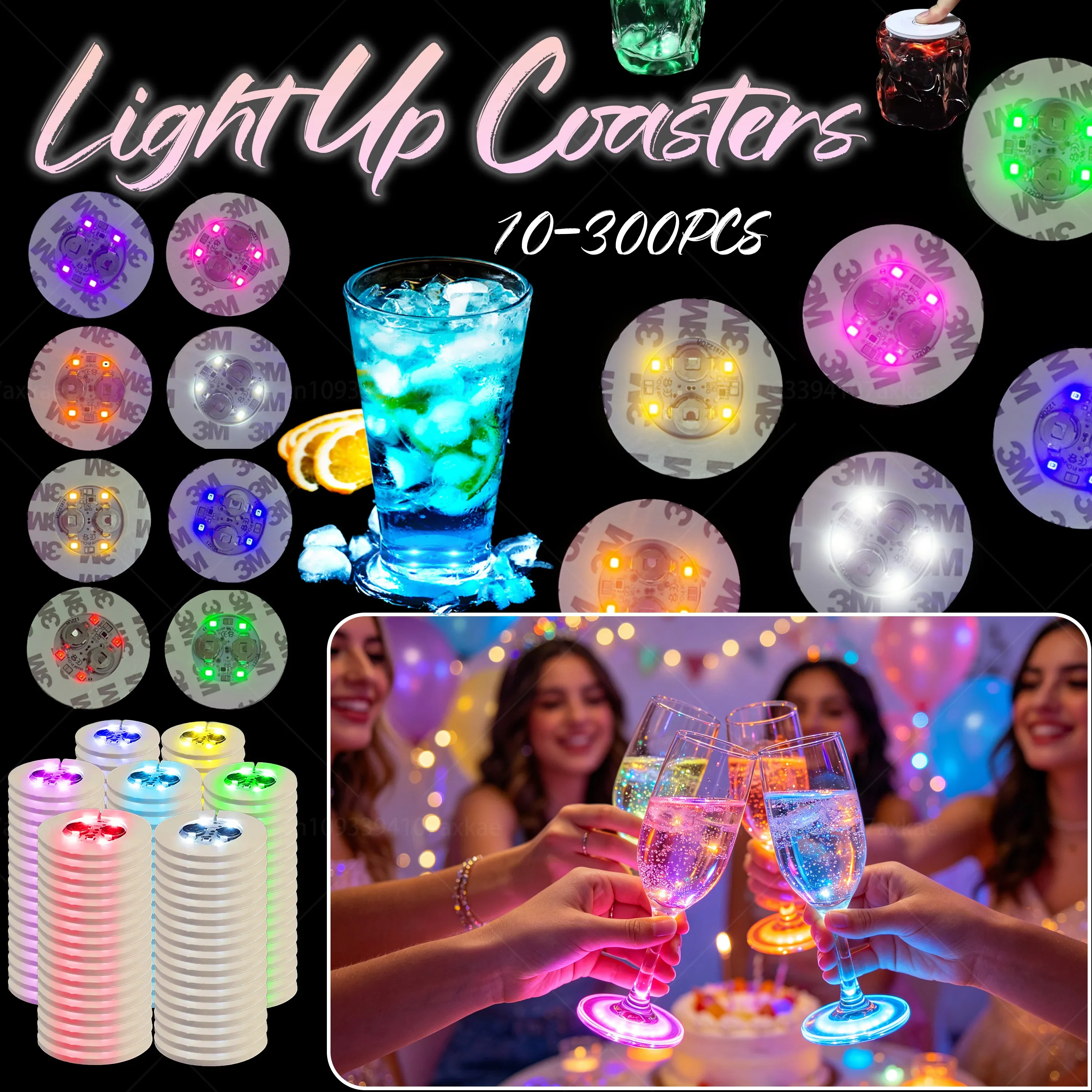 Bulk Pack 20-300Pcs LED Coaster Lights for Wedding Colorful Wine Bottle Stickers Party Bar Lighting Pads with Batteries Included