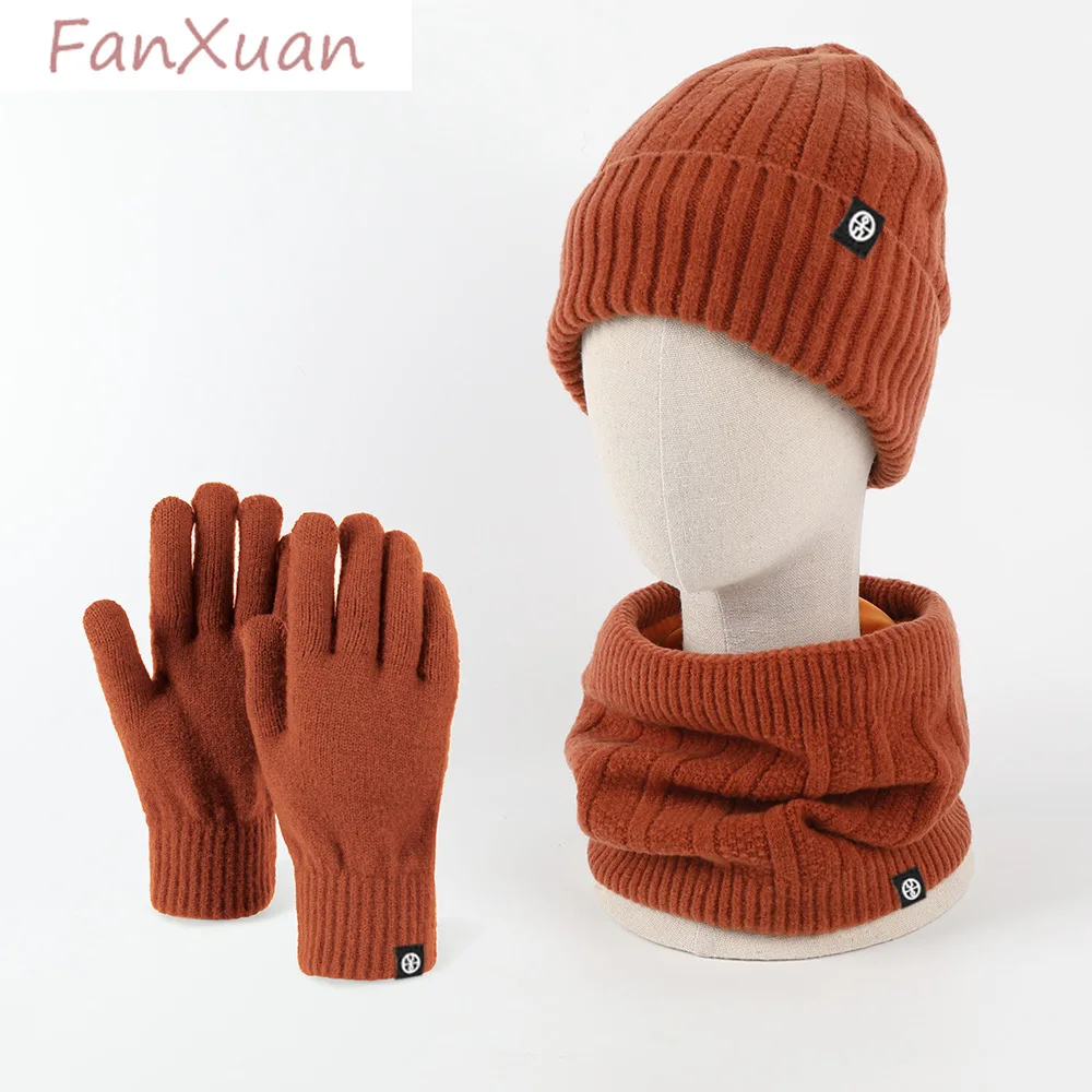 3pcs Women's Winter Hat Snood Glove Sets Cute Simple Solid Color Thick Double Layer Plush Lining Beanies Bonnets Outdoor