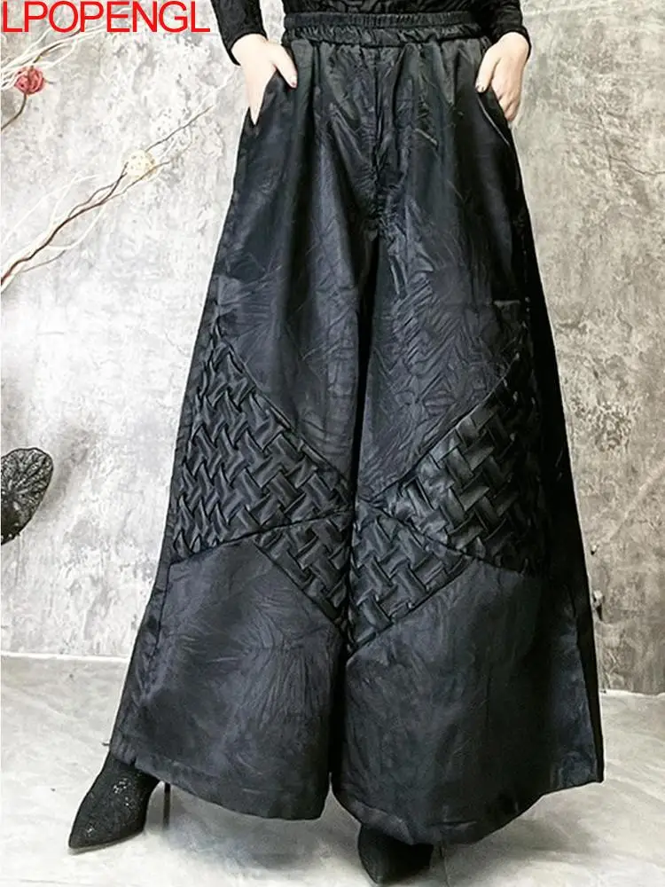 New Fashion Retro Women Chinese Style High-waisted Elegant Elastic Waist Straight Wide-leg Pants Personality Patchwork Trousers