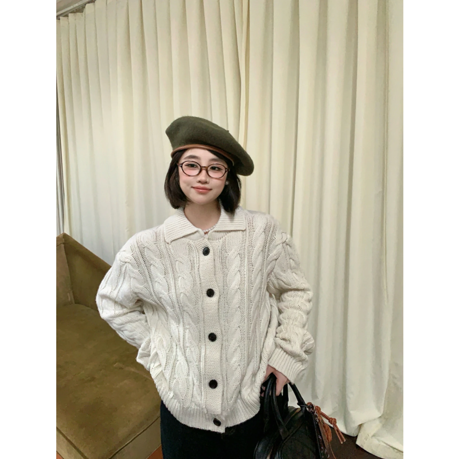 

Korean Sle Women's Knitted Sweater Collared Open Cardigan Autumn Winter Faion Polyacryl Fiber 00% Knitted Ladieswear