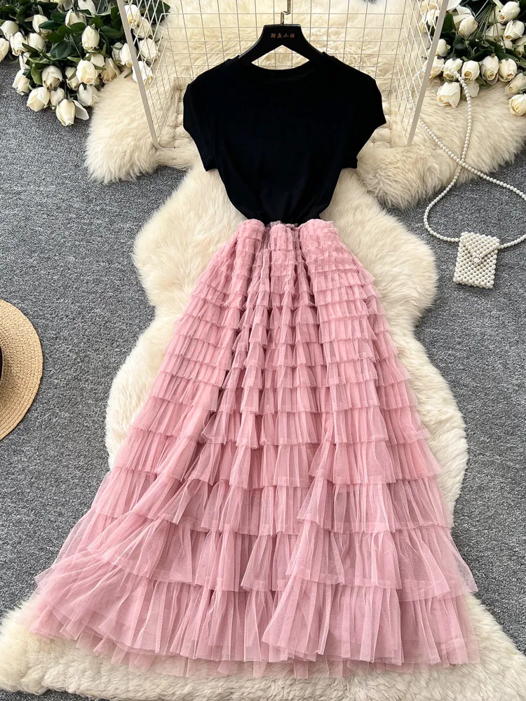 

Women Pink Mesh Patchwork A-line Maxi Dress Korean Vintage Luxury Evening Dress High Waist Short Sleeve Long Dress Women Summer