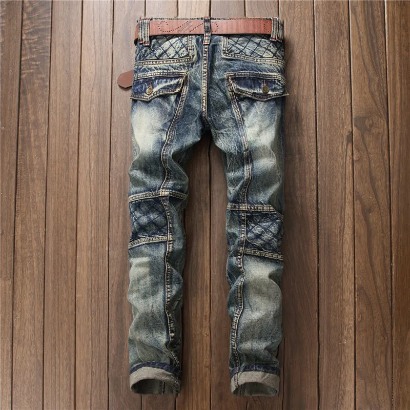 New non-stretch biker men's jeans splicing retro Harajuku Slim classic blue jeans Personalized embroidery design pants