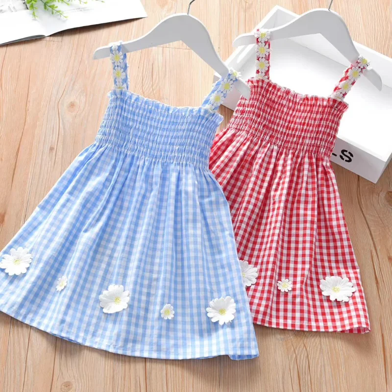 Baby Girls Summer Dress Floral Daisy Print Plaid Princess Spaghetti Strap Sleeveless Dress Fashion Party Beach Casual Dress 1-8Y