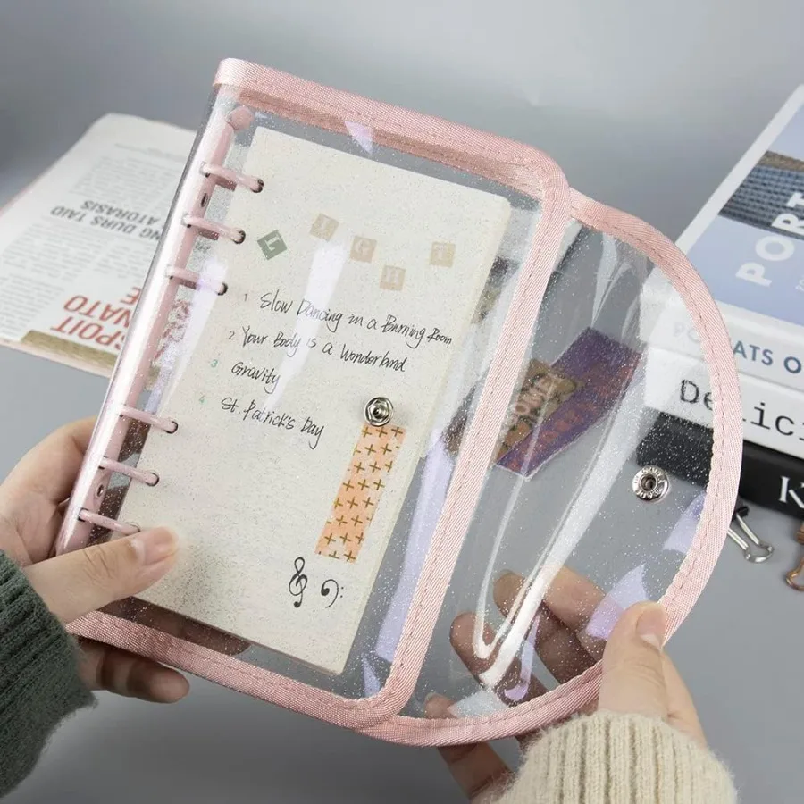 Pink A6 Binder 6 Ring Glitter PVC Budget Binders with Sp Button Closure Loose Leaf Notebook Shell for Photocard Album Cash Enve