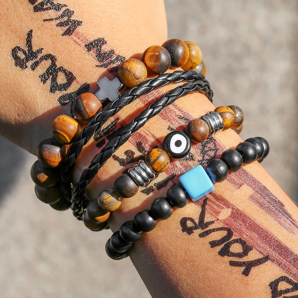 

Vintage Ethnic Style Beaded Bracelet For Men Bohemian Square Natural Stone Cross Eye Leather Bangle Gifts For Friend