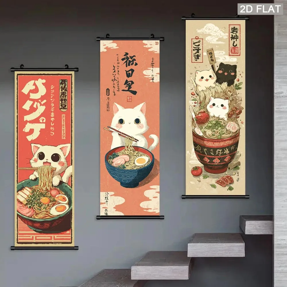 VIKAMA Cute Kawaii Cat Eating Ramen 3 Piece Wall Scroll Tapestry Set Vintage Japanese Poster Wall Art Decor for Kitchen