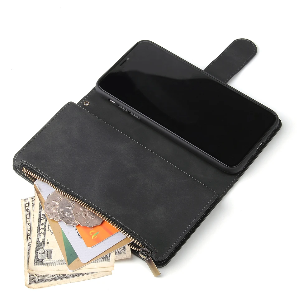 Funda tipo cartera de cuero premium con cremallera y ranuras para tarjetas para iPhone 16, 15, 14, 13, 12, 11, 17 Pro Max, Plus, 17 Air, 16e 4