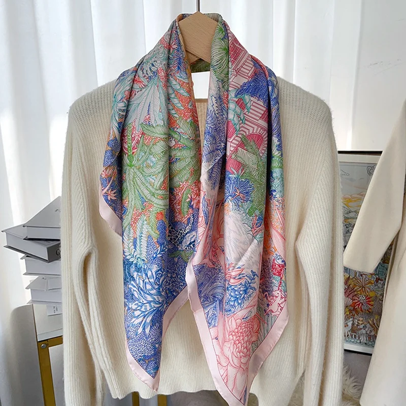 18mm 100% Silk Scaf Wraps Double Sided Printing Womens Fashion Elegant Silk Shawl Foulard 88x88cm