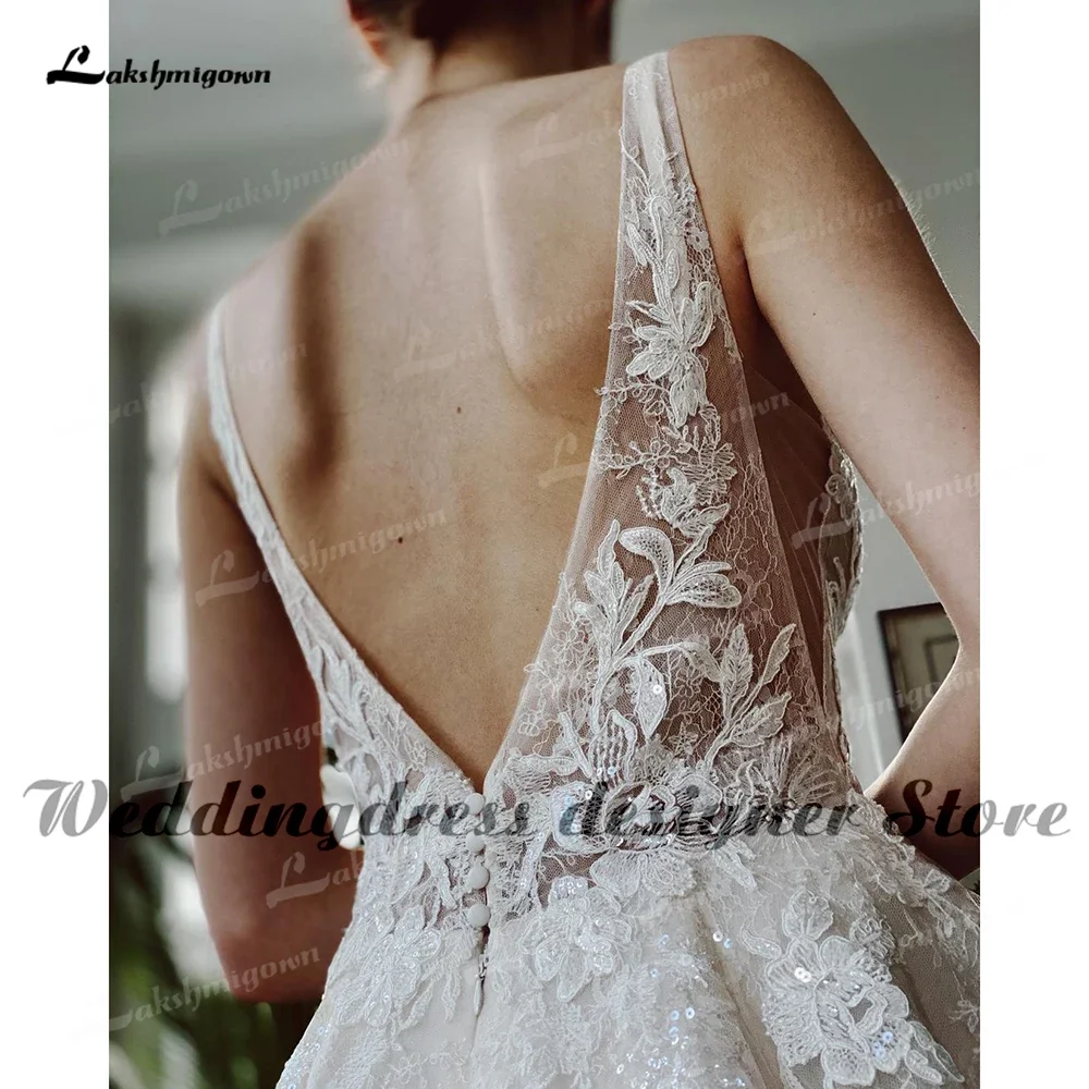 Vestido de novia de tul de encaje Floral de playa con cuello en V bohemio una línea vestido de novia para mujer vestido de novia sin mangas mariage champêtre boheme