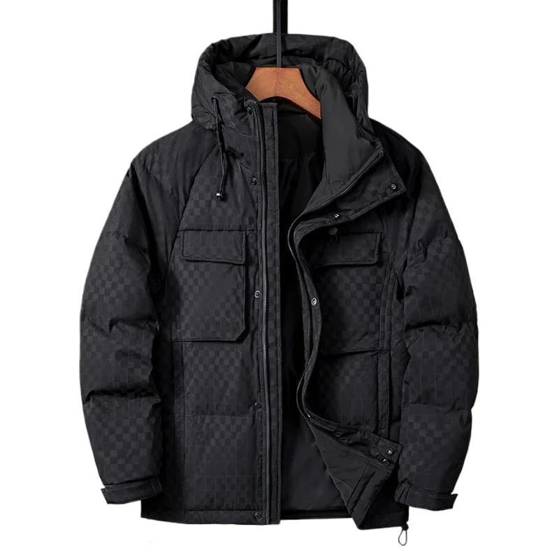 

2025 New Men's Winter Thick Warm Windproof Casual Coats Male Plaid Hooded Down Jackets Men White Duck Down Overcoats P429
